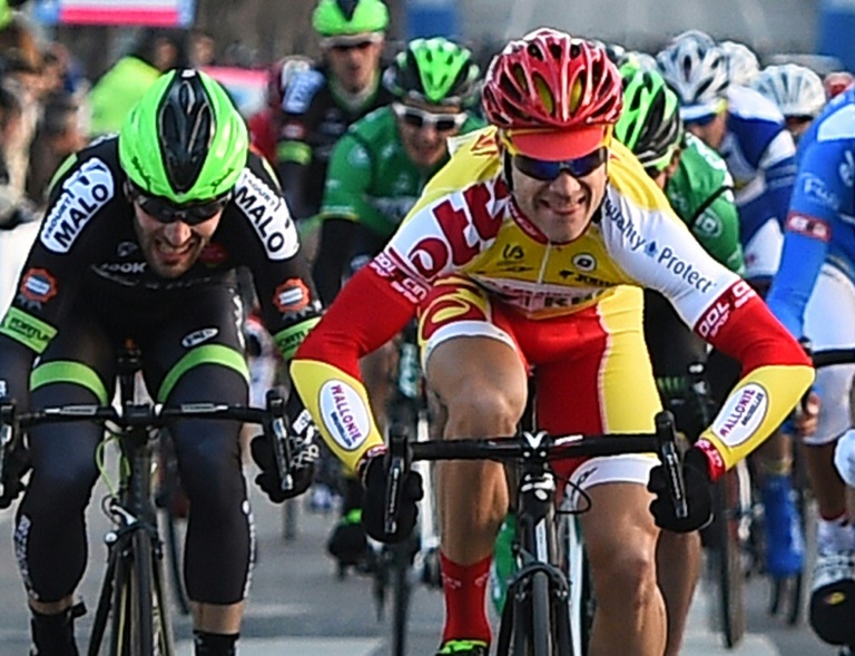 Le coureur cycliste belge Antoine Demoitié (Wallonie Bruxelles) (d) lors du Grand Prix La Marseillaise, le 1er février 2015 à Marseille. © AFP