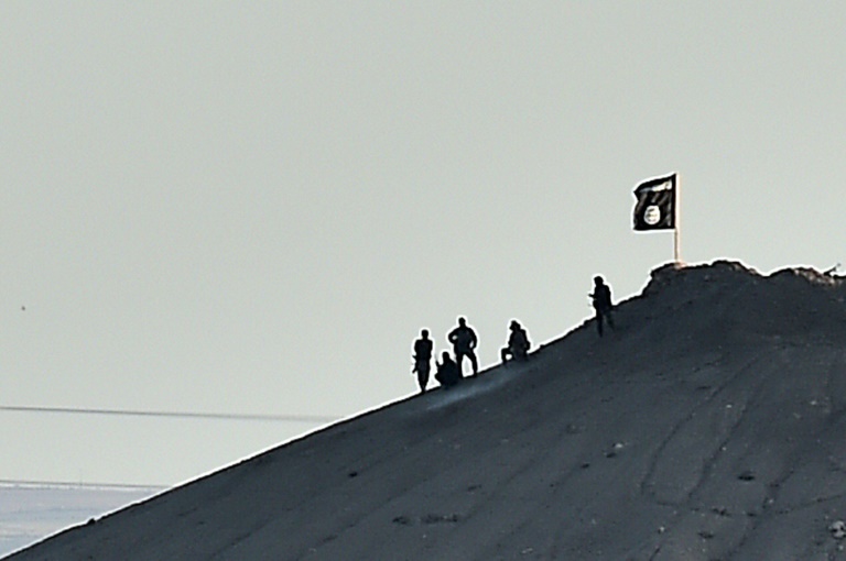 Un drapeau et des hommes du groupe Etat islamique (EI) à Ain al-Arab en Syrie, le 6 octobre 2014 . © AFP